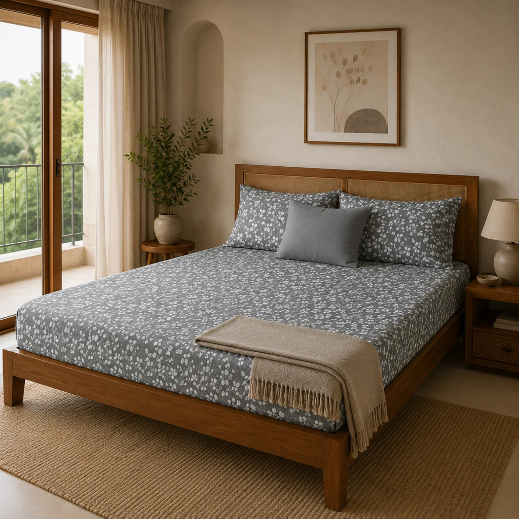 Dove Bloom Grey Cotton Bedsheet Set