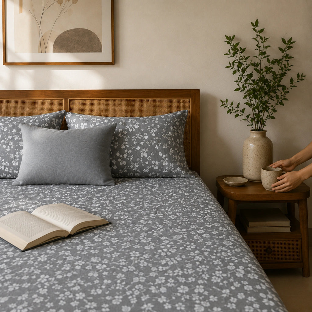 Dove Bloom Grey Cotton Bedsheet Set