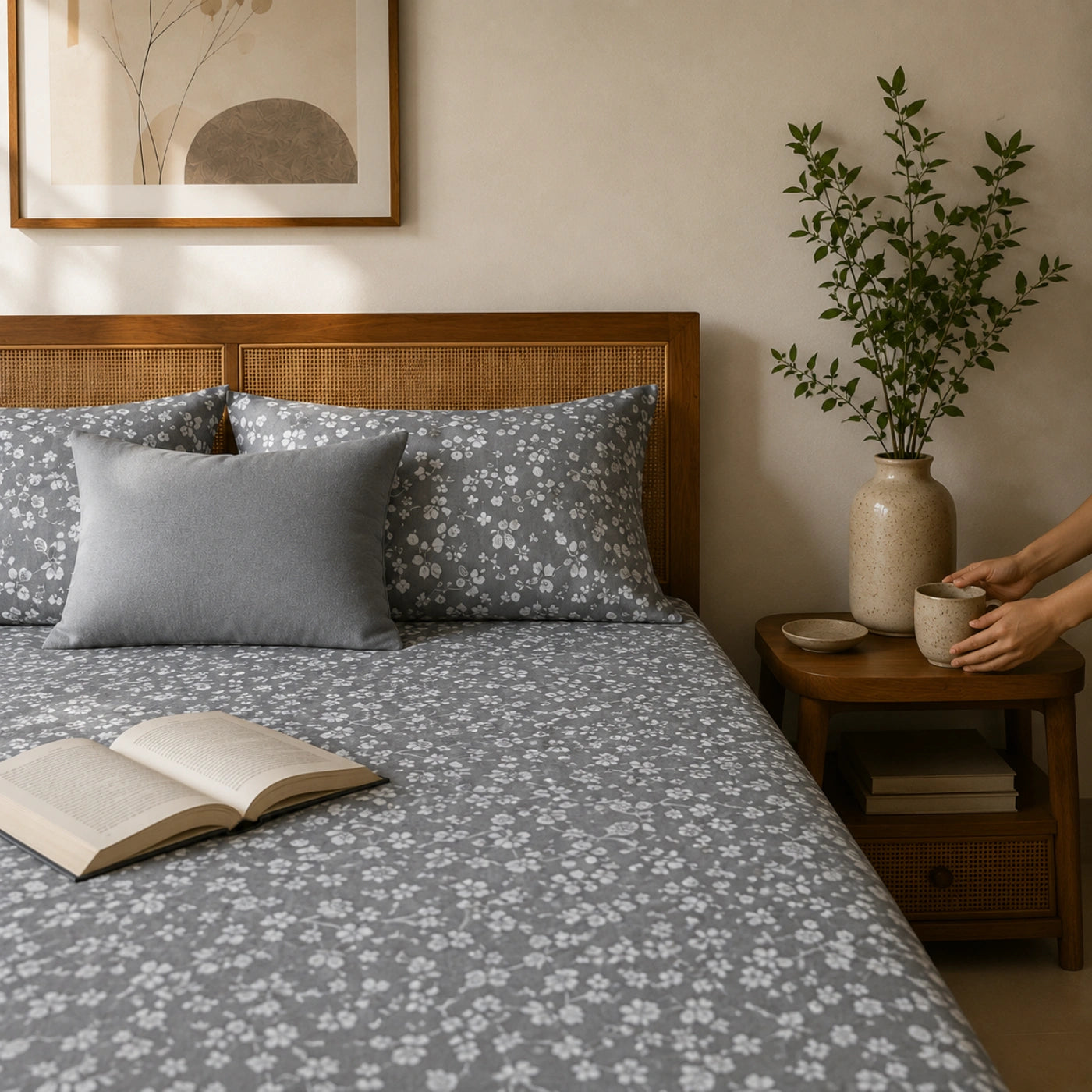 Dove Bloom Grey Cotton Bedsheet Set