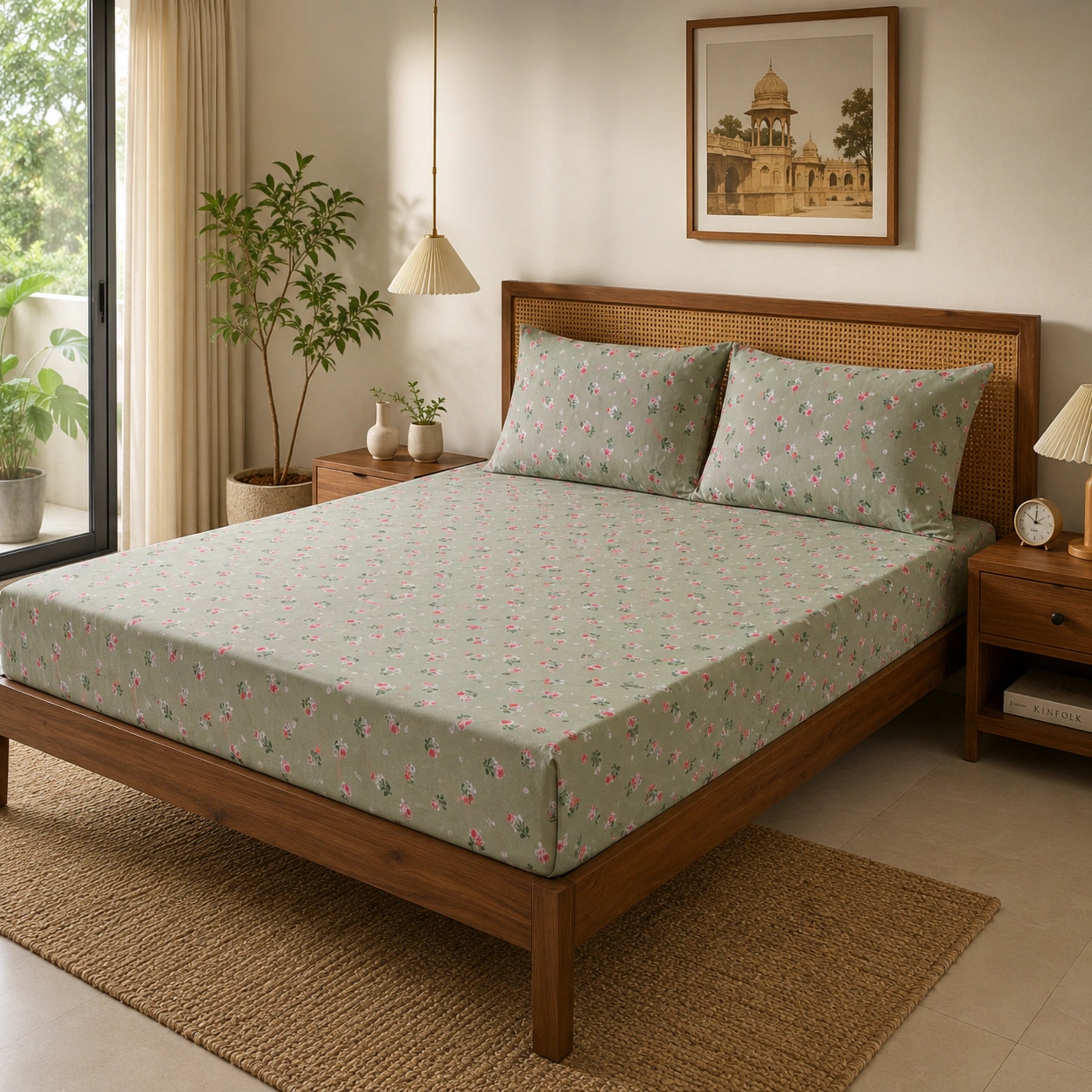 Sage Rose Green Floral Bedsheet Set
