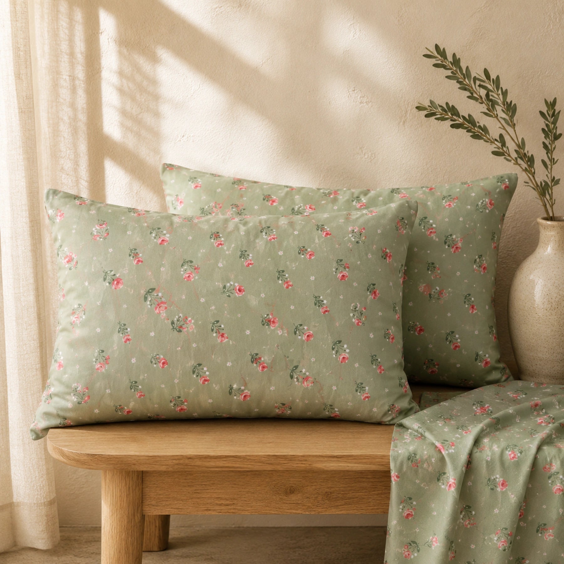 Sage Rose Green Floral Bedsheet Set