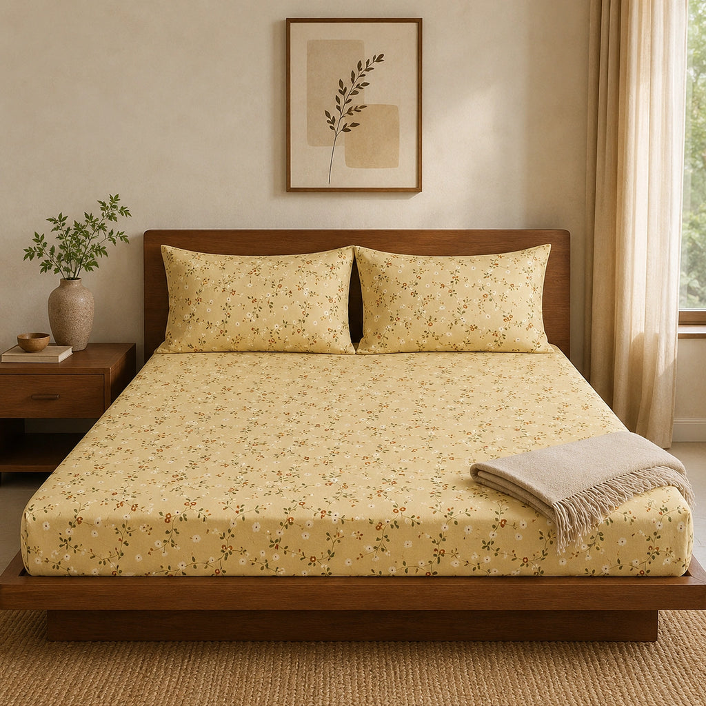 Honey Vine Yellow Cotton Bedsheet Set