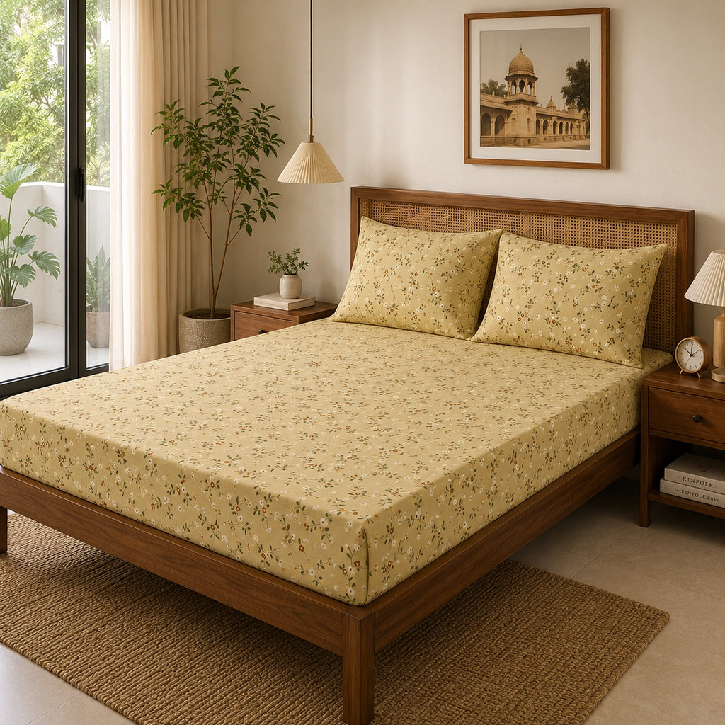 Honey Vine Yellow Cotton Bedsheet Set
