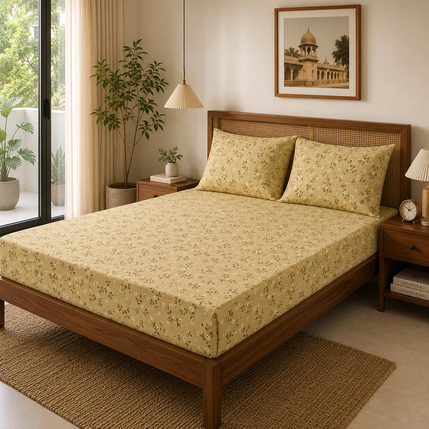 Honey Vine Yellow Cotton Bedsheet Set