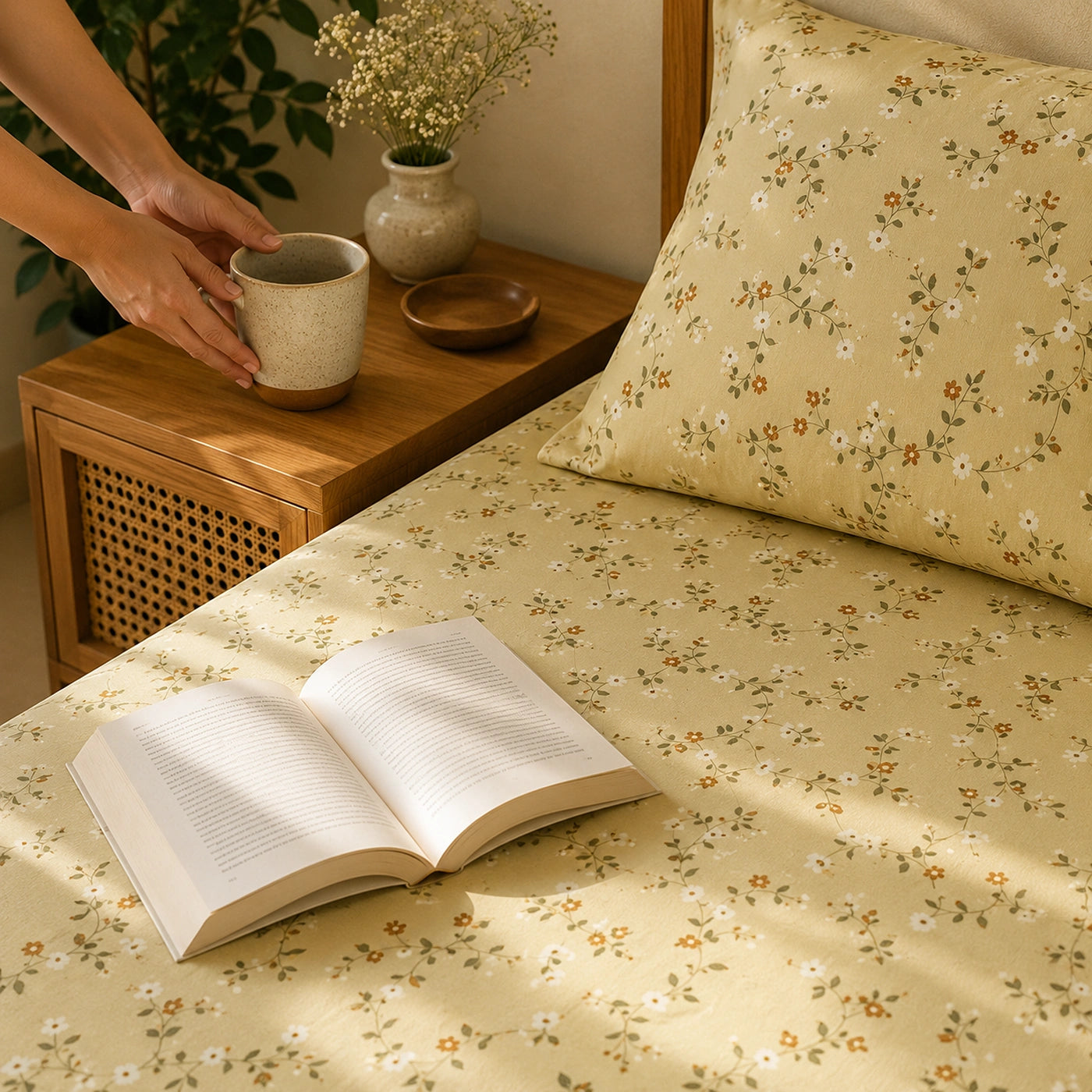 Honey Vine Yellow Cotton Bedsheet Set