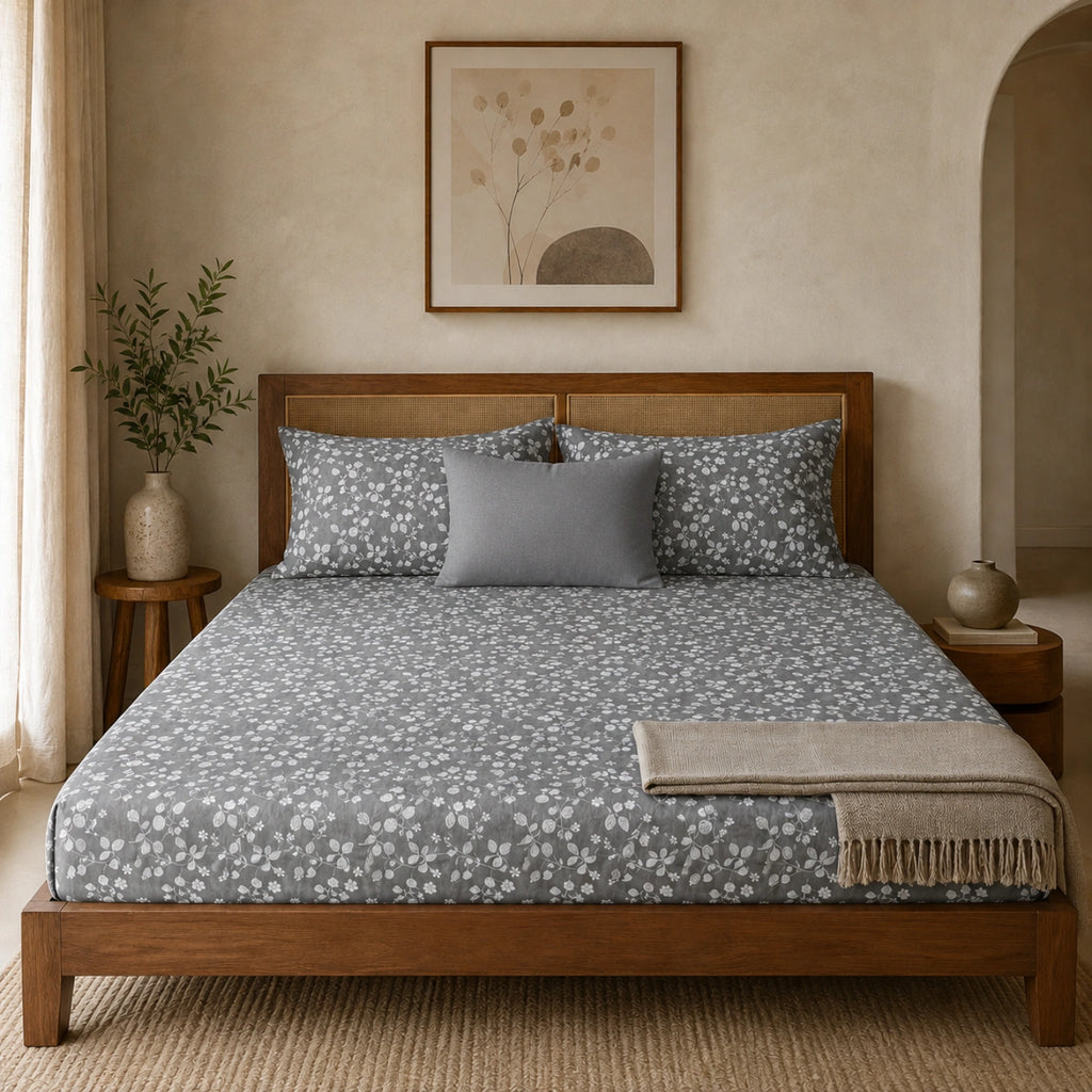 Dove Bloom Grey Cotton Bedsheet Set