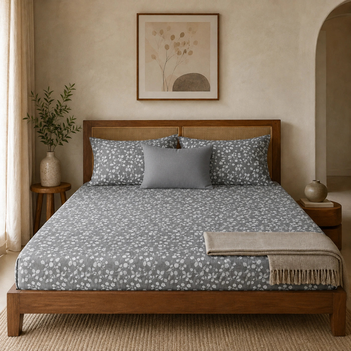 Dove Bloom Grey Cotton Bedsheet Set