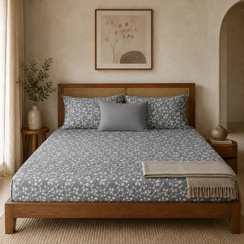 Dove Bloom Grey Cotton Bedsheet Set