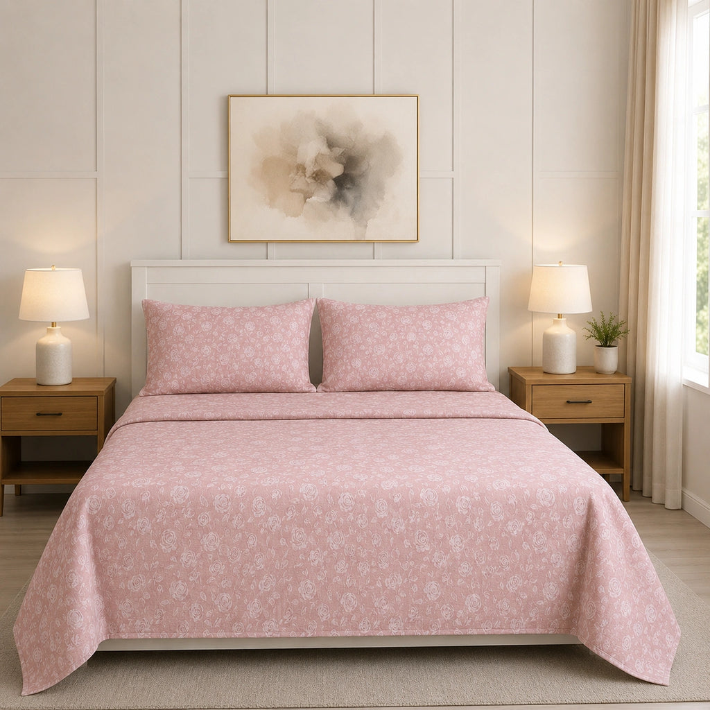 Rose Reverie King Size Cotton Bedsheet Set