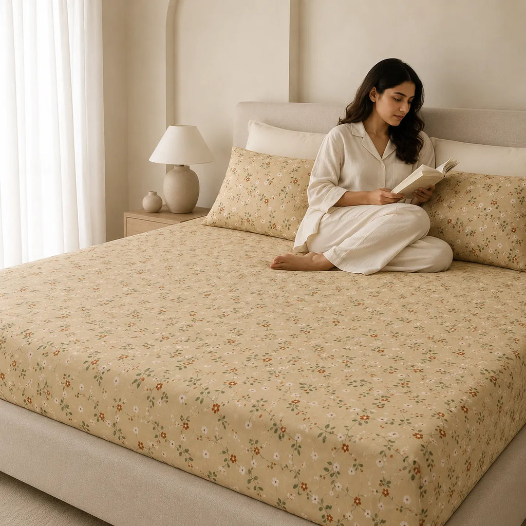 Honey Vine Yellow Cotton King Size Bedsheet Set