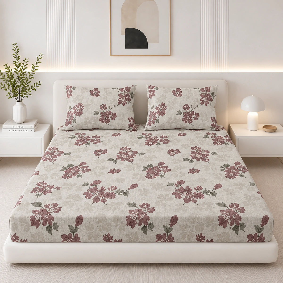 Burgundy Bloom King Size Cotton Bedsheet Set