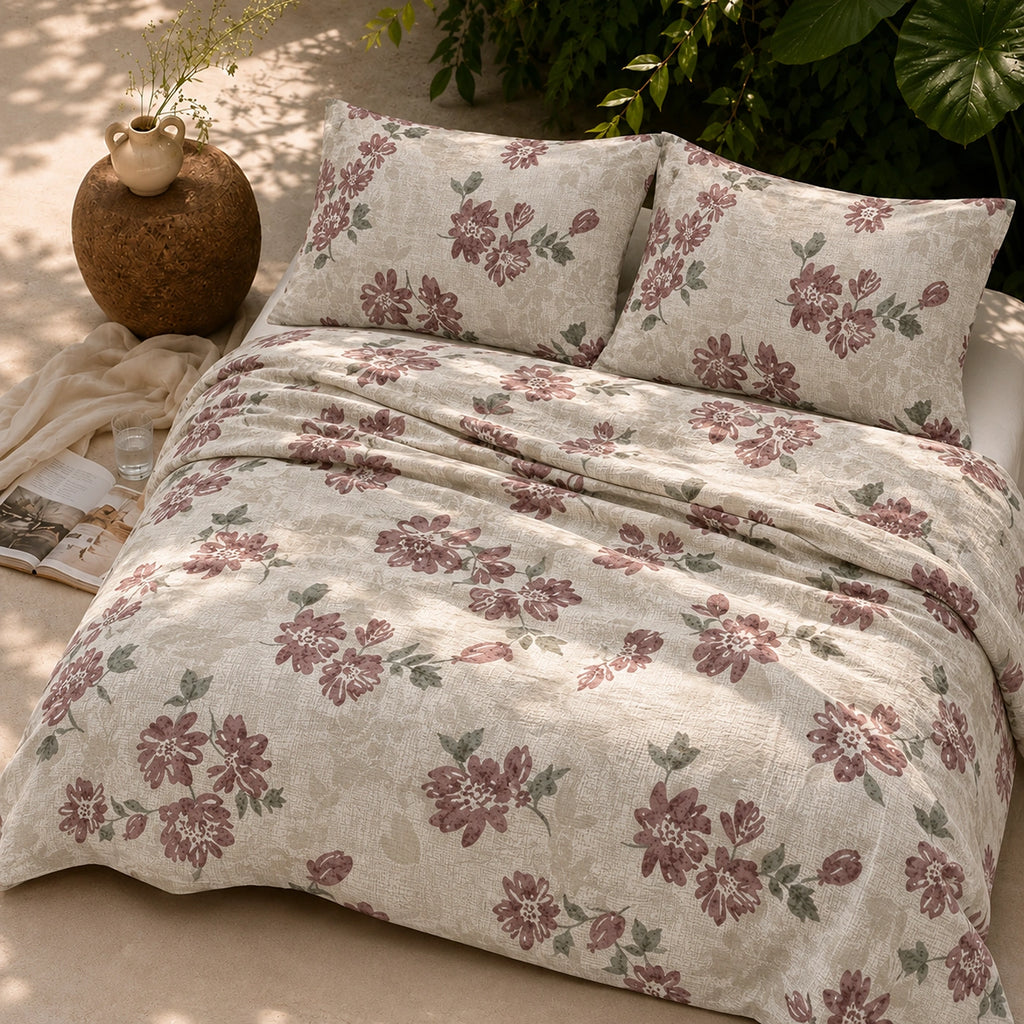 Burgundy Bloom King Size Cotton Bedsheet Set