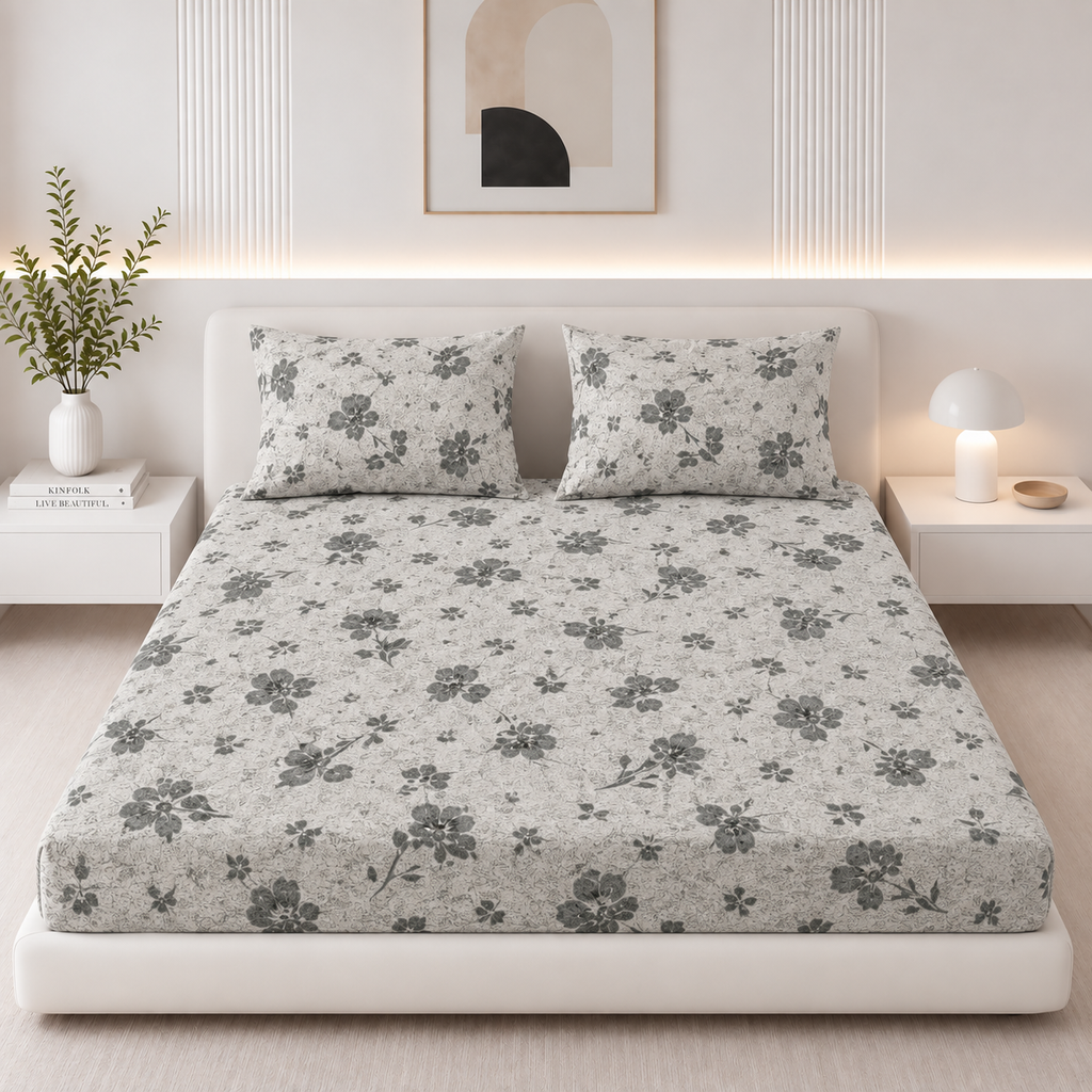 Ash Blossom King Size Cotton Bedsheet Set