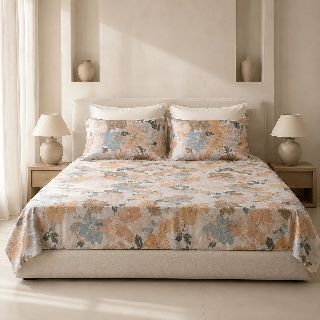 Ivory Floral Harmony Cotton Bedsheet Set