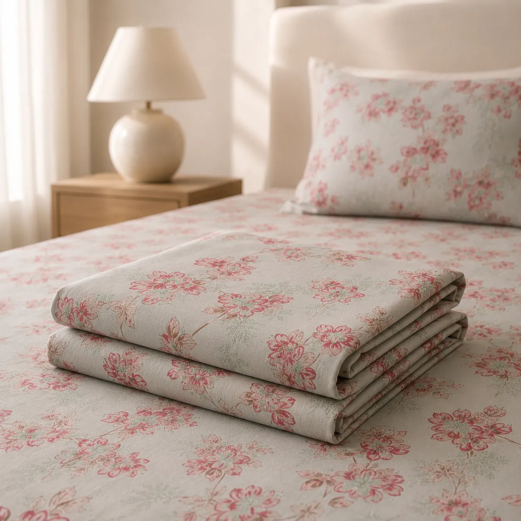 Blush Blossom Grey Cotton Bedsheet Set