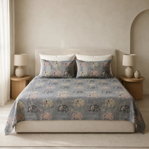 Heritage Elephant Grey Cotton King Size Bedsheet Set