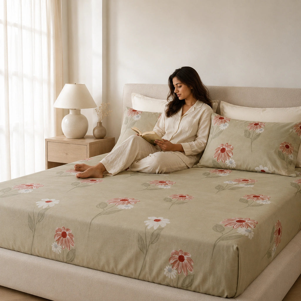 Terracotta Daisy Floral Cotton Bedsheet Set