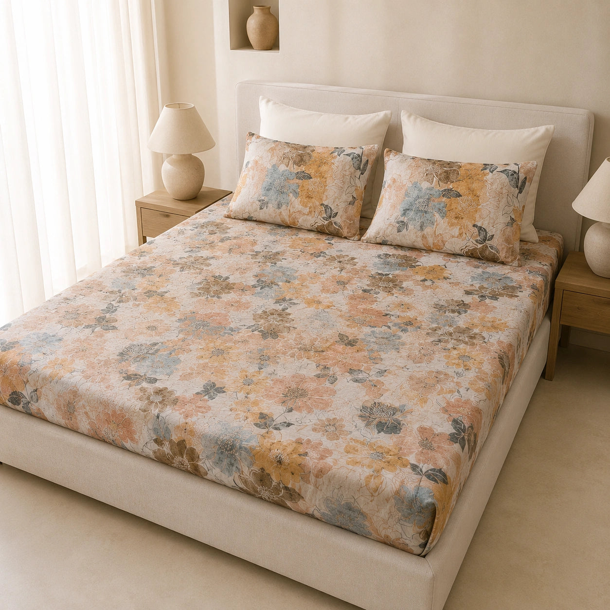 Ivory Floral Harmony Cotton Bedsheet Set