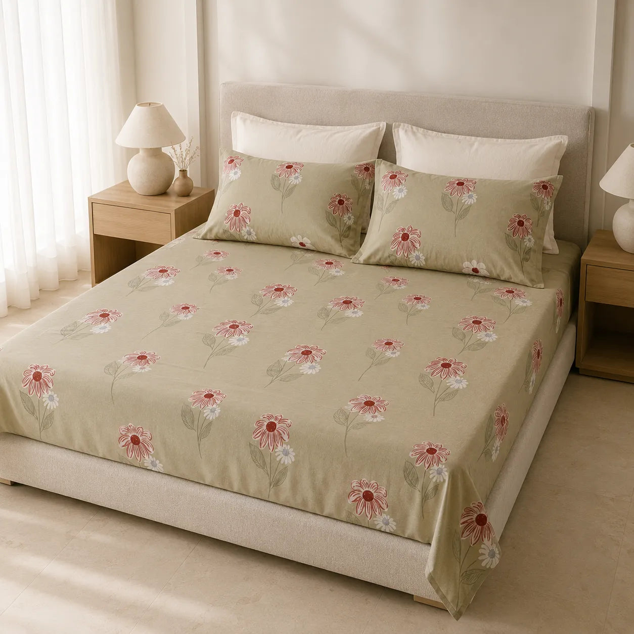 Terracotta Daisy Floral Cotton Bedsheet Set