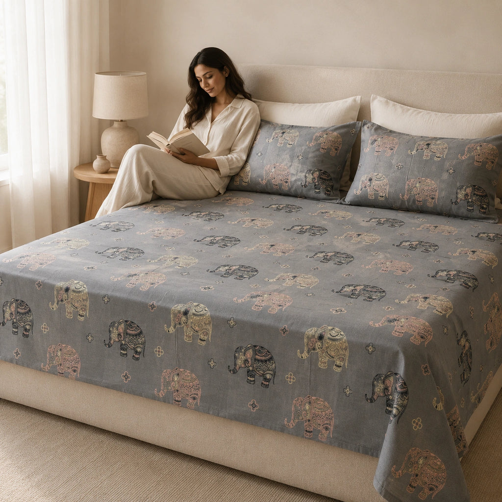 Heritage Elephant Grey Cotton Bedsheet Set