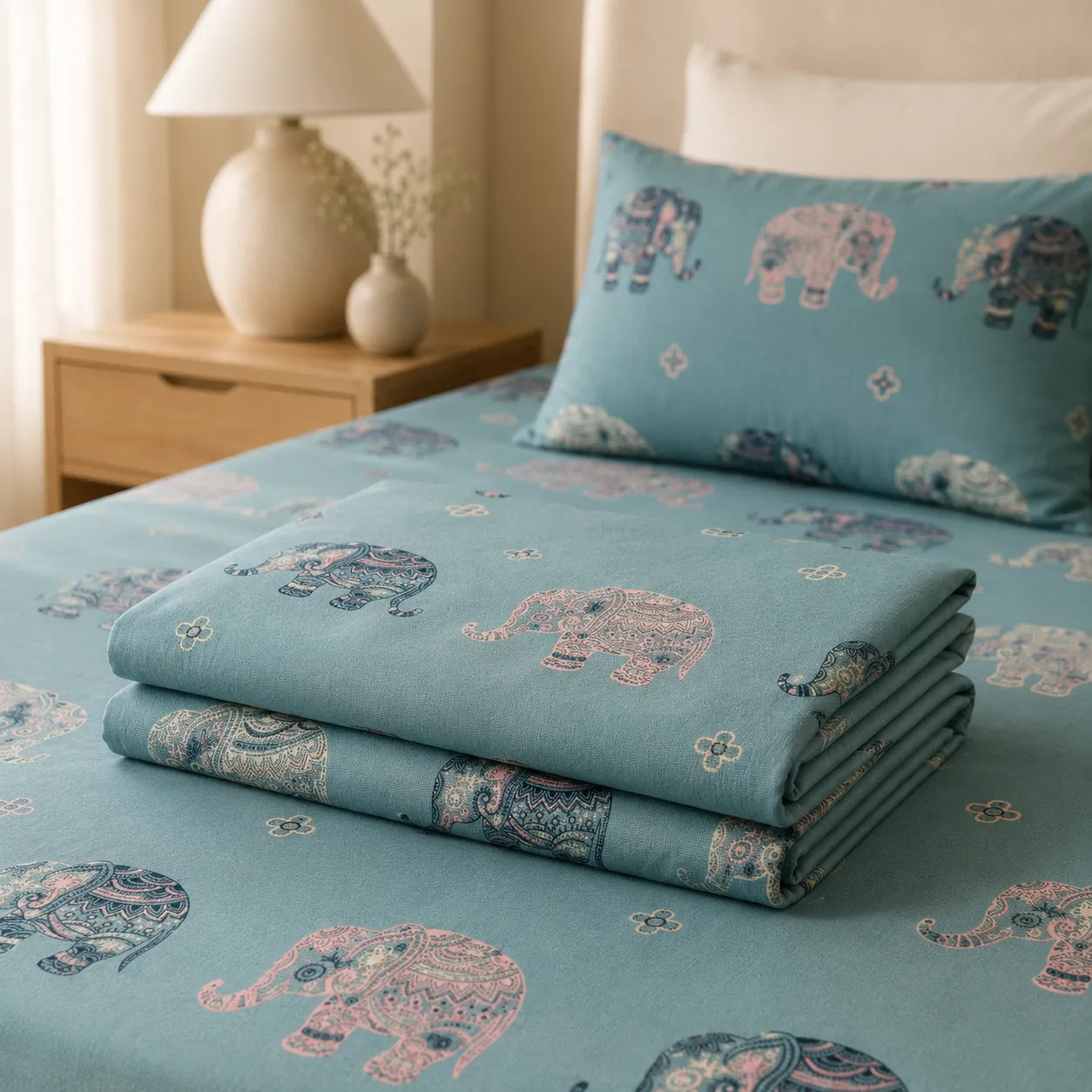 Aqua Heritage Elephant Cotton Bedsheet Set