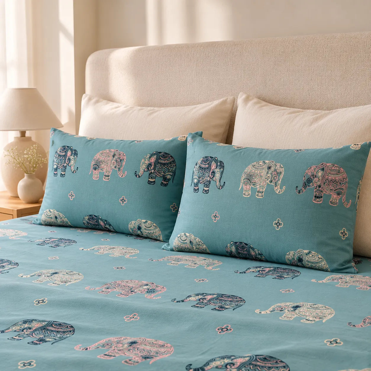Aqua Heritage Elephant Cotton Bedsheet Set