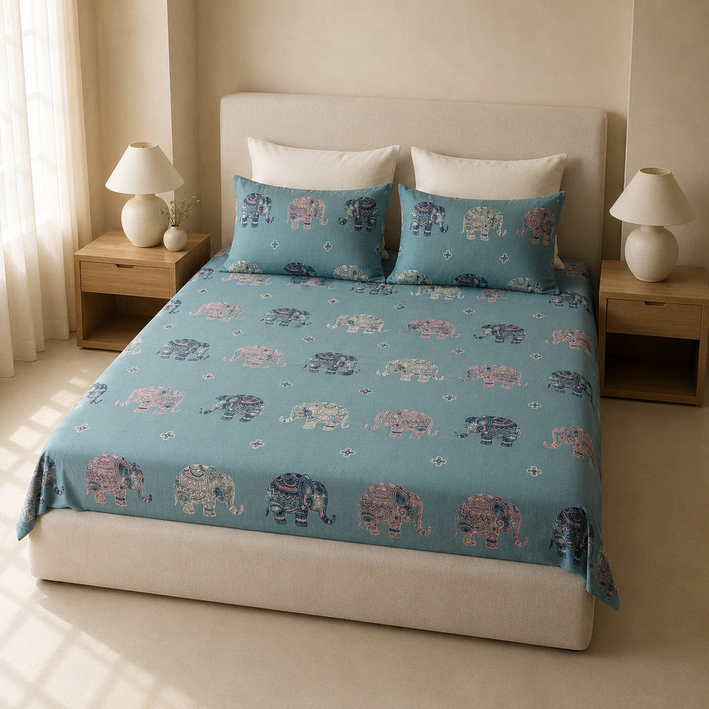Aqua Heritage Elephant Cotton Bedsheet Set