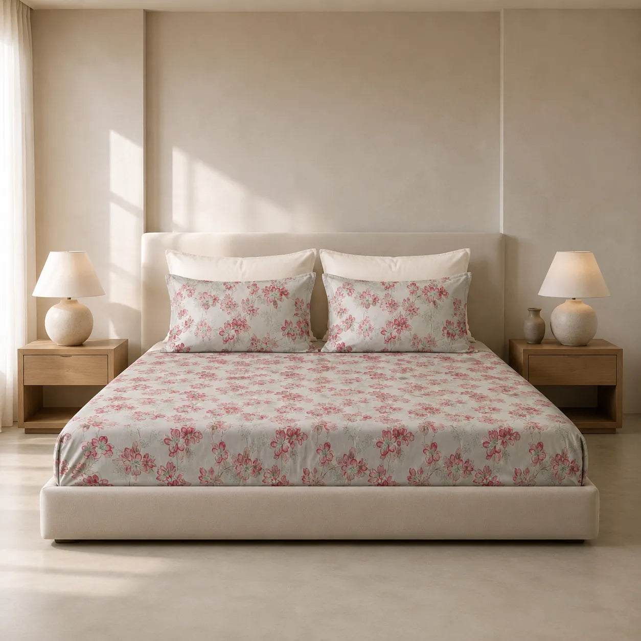 Blush Blossom Grey Cotton Bedsheet Set
