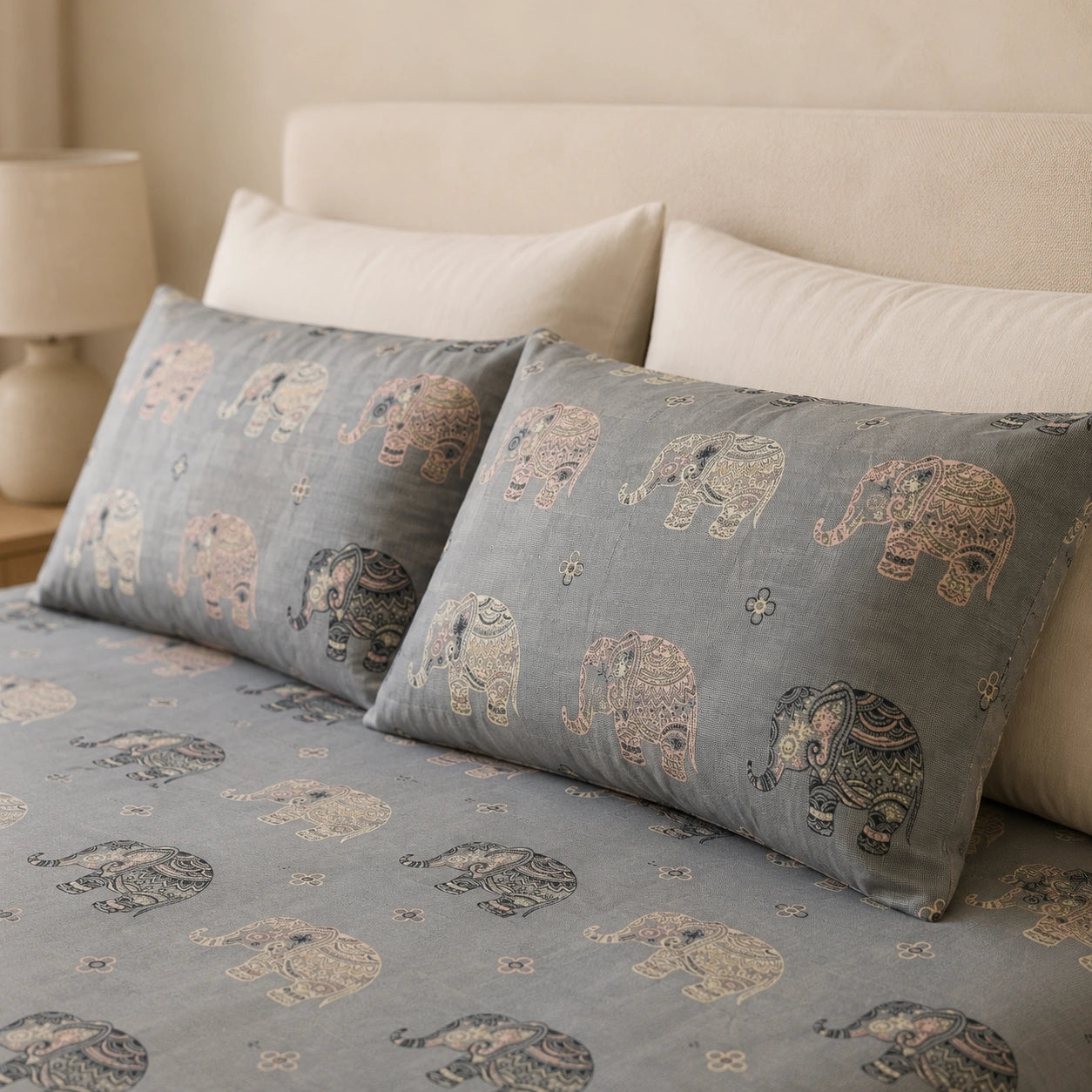 Heritage Elephant Grey Cotton Bedsheet Set