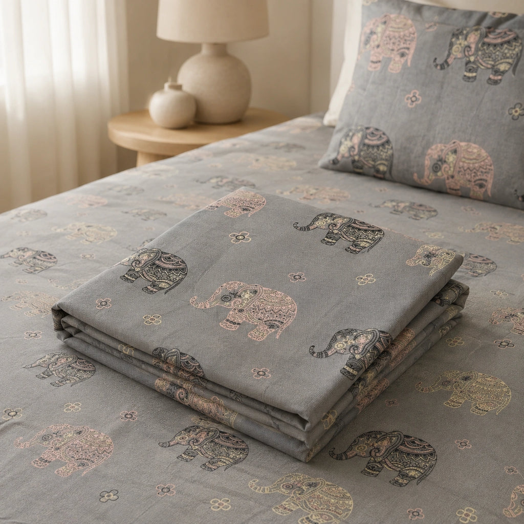 Heritage Elephant Grey Cotton Bedsheet Set
