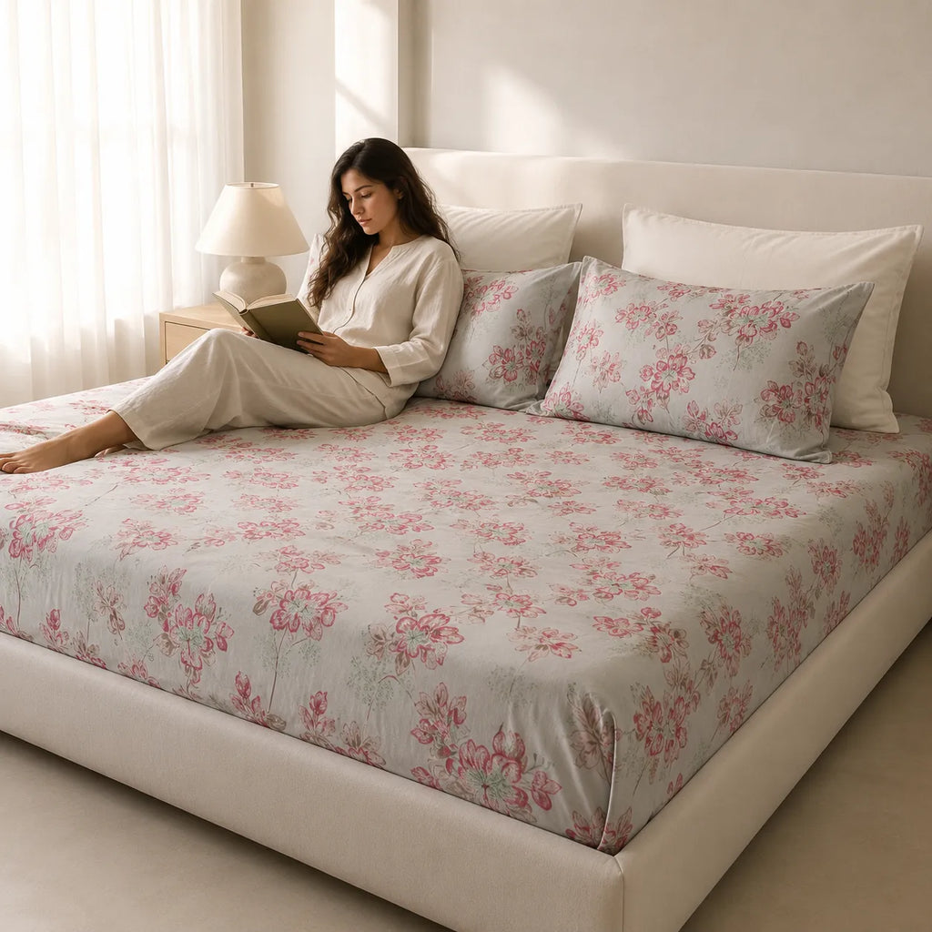 Blush Blossom Grey Cotton Bedsheet Set