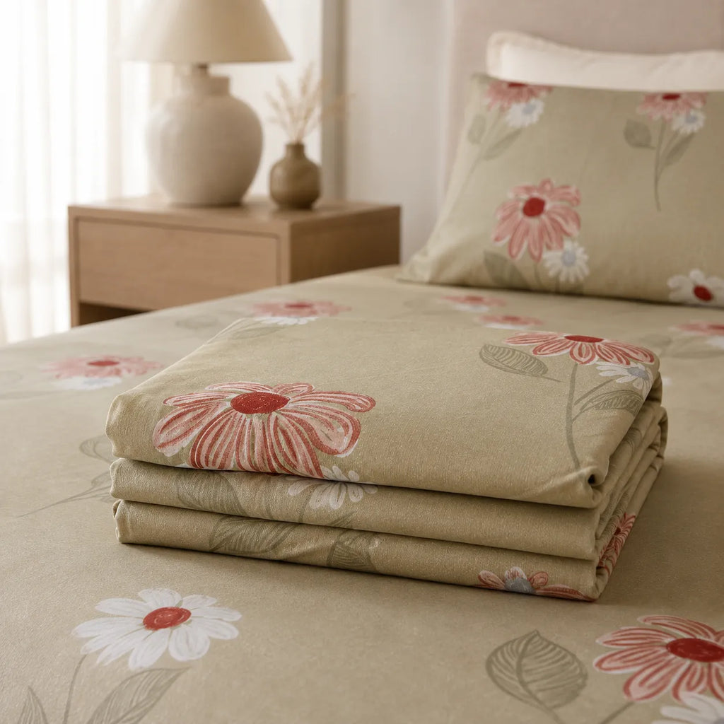 Terracotta Daisy Floral Cotton Bedsheet Set