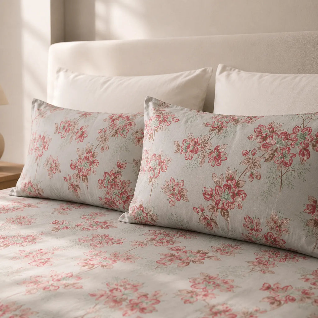 Blush Blossom Grey Cotton Bedsheet Set