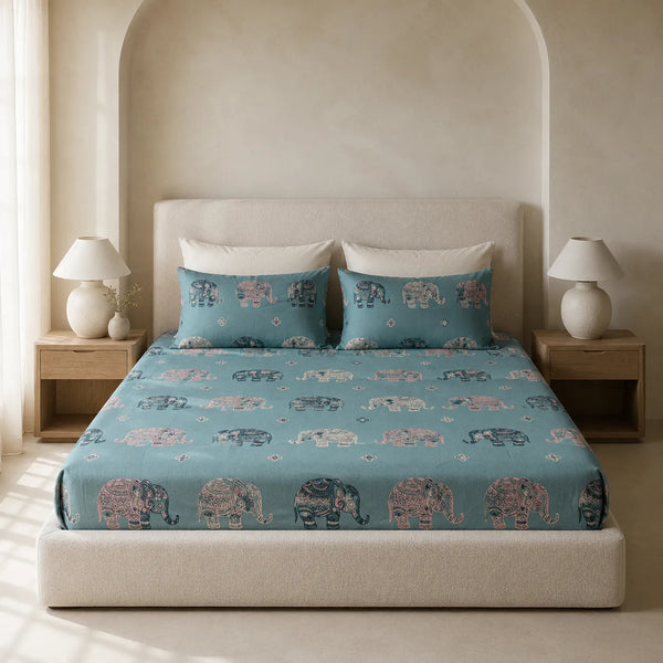 Aqua Heritage Elephant Cotton King Size Bedsheet Set