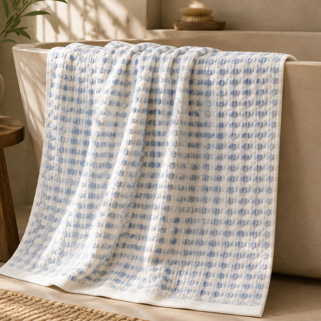 Blue Check Cotton Bath Towel