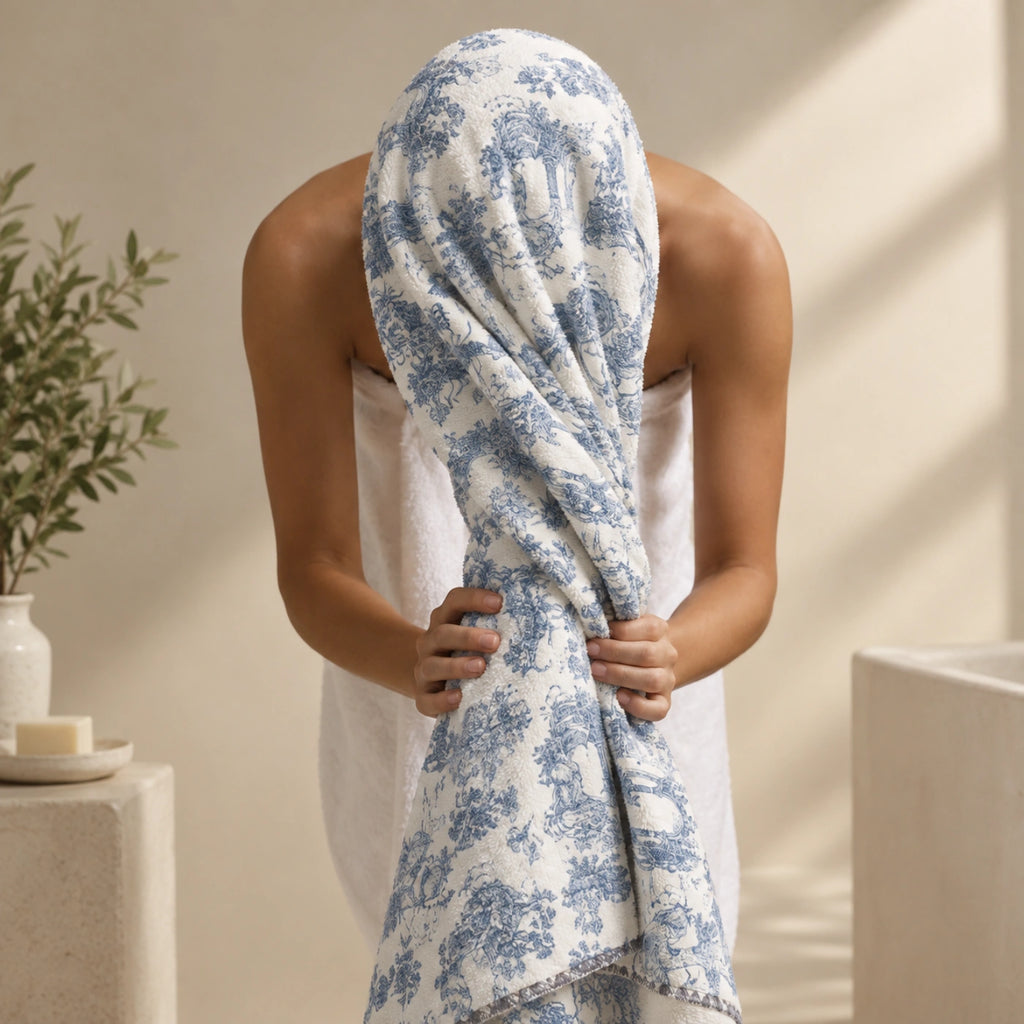 Blue Toile Cotton Bath Towel