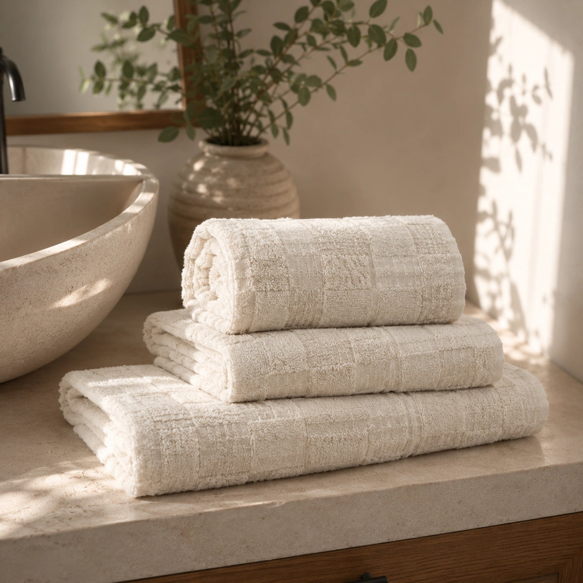 Ivory Waffle Cotton Bath Towel