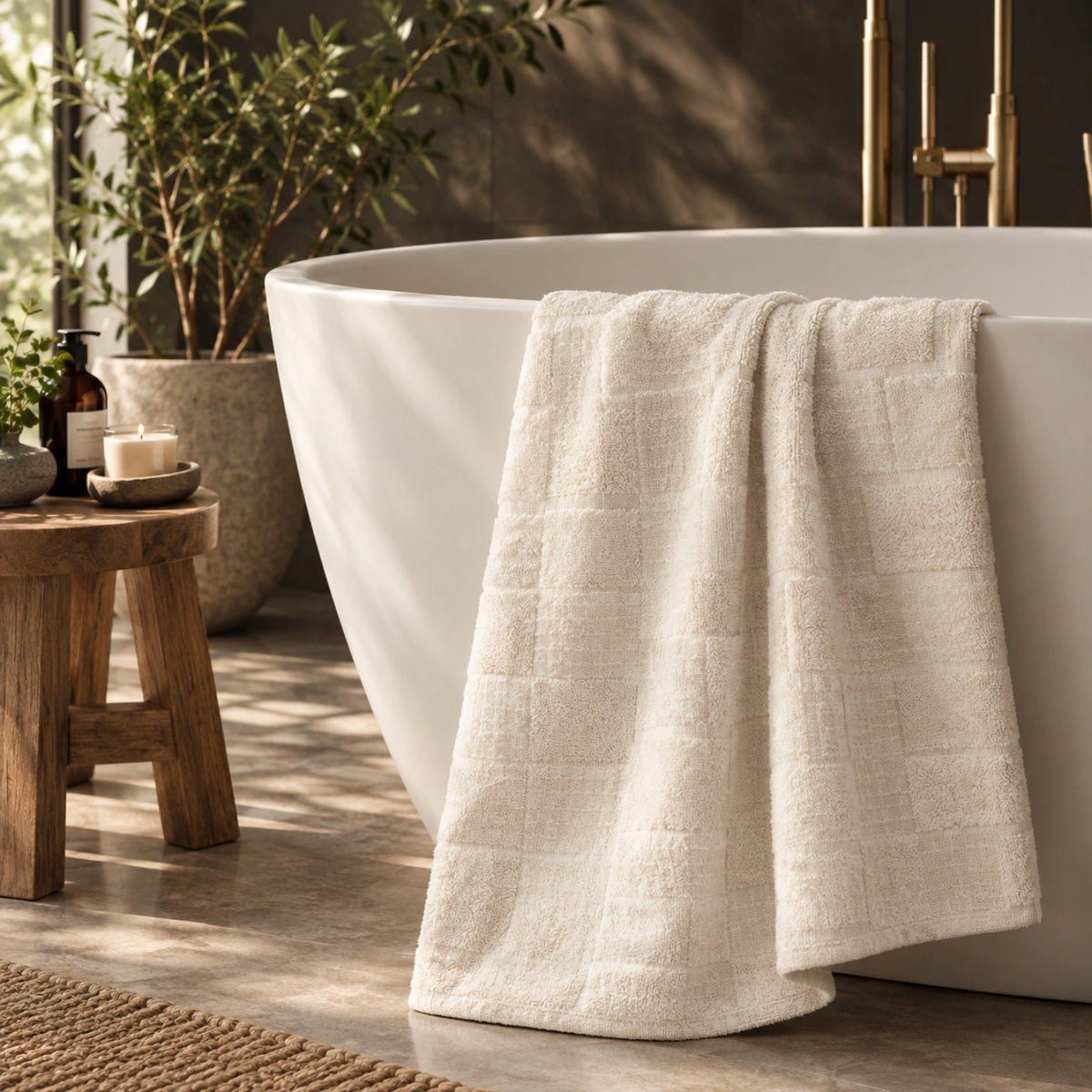 Ivory Waffle Cotton Bath Towel